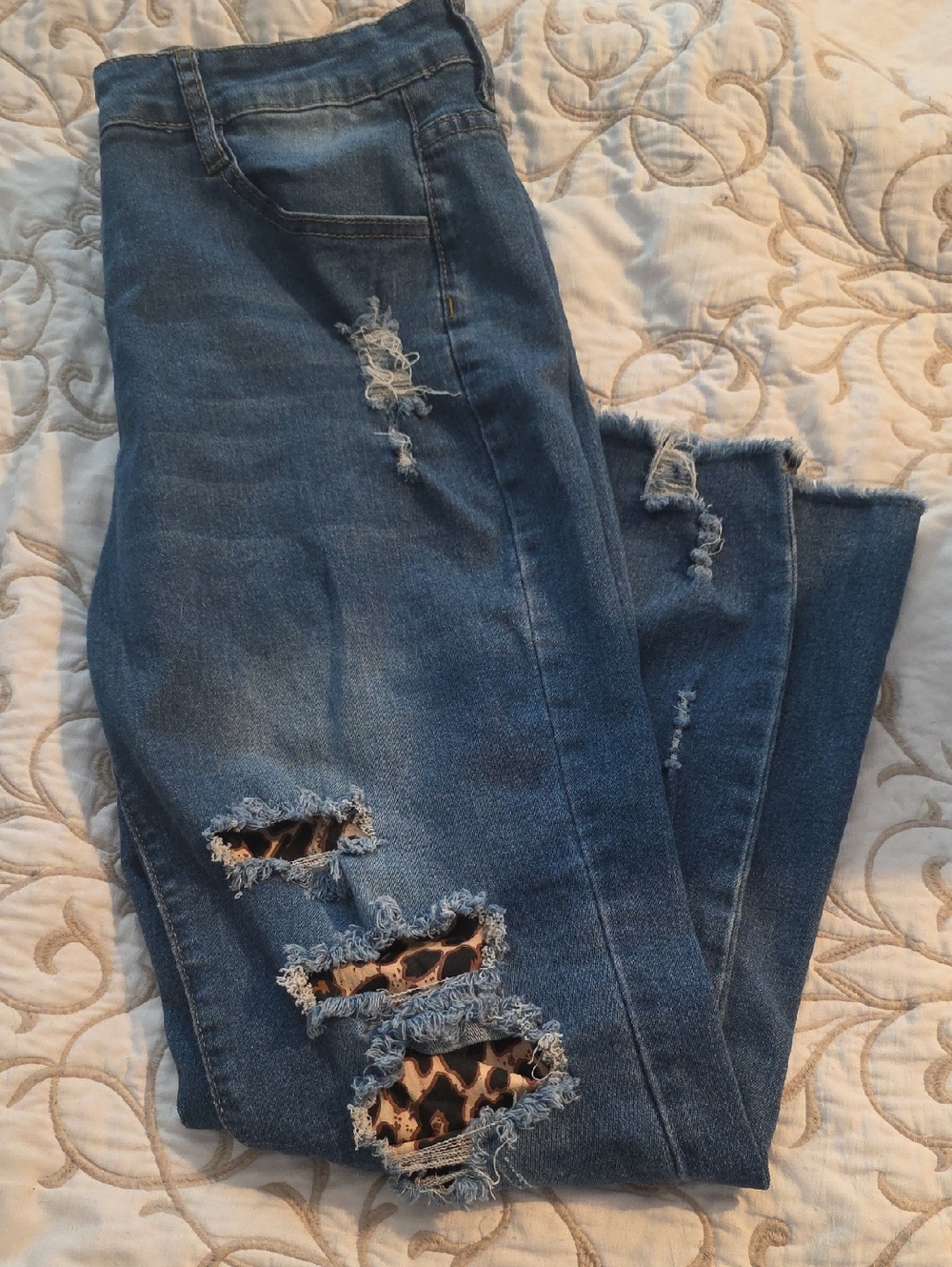 Source Unknown Blue Skinny Jeans with Leopard Inset